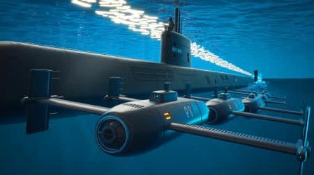 Illustration of Royal Navy deploying autonomous underwater drones equipped with AI technology for maritime defense.