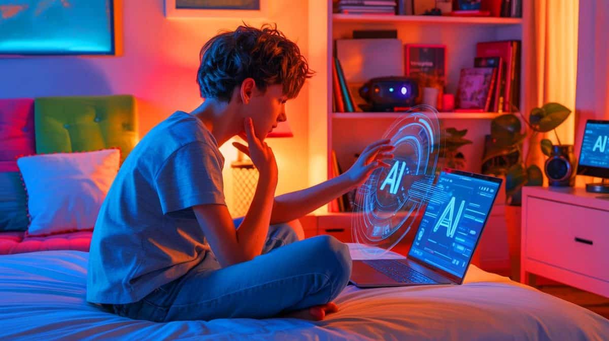Teen Relationships Raise Concerns: Experts Warn About Risky Behaviors and Their Impact on Youth Well-being Illustration of teenagers interacting with artificial intelligence technologies.