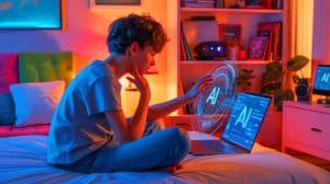 Illustration of teenagers interacting with artificial intelligence technologies.