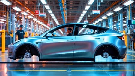 Illustration of a streamlined Tesla Model Y being produced at the Berlin Gigafactory.