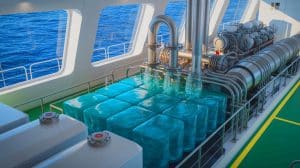 Illustration of Transforming Seawater into Eco-Friendly Fuel for Maritime Transportation.
