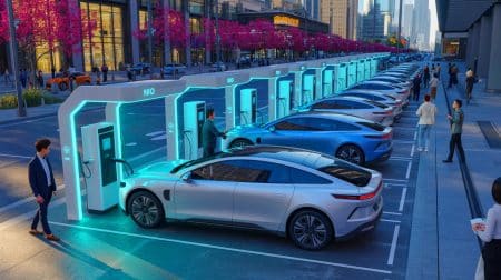Illustration of Nio's battery swap station infrastructure expanding rapidly to meet growing electric vehicle demand in China.