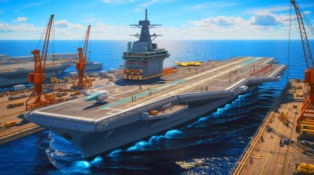 Illustration of the construction of France's future largest aircraft carrier with nuclear propulsion.