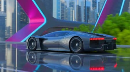 Illustration of a hydrogen-powered supercar by Hyperion Motors showcasing sustainable transportation innovation.