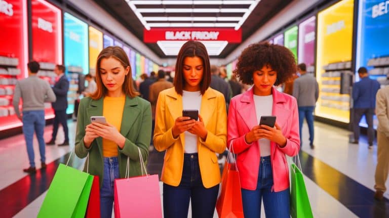 Illustration of AI technology platforms optimizing Black Friday shopping experiences.