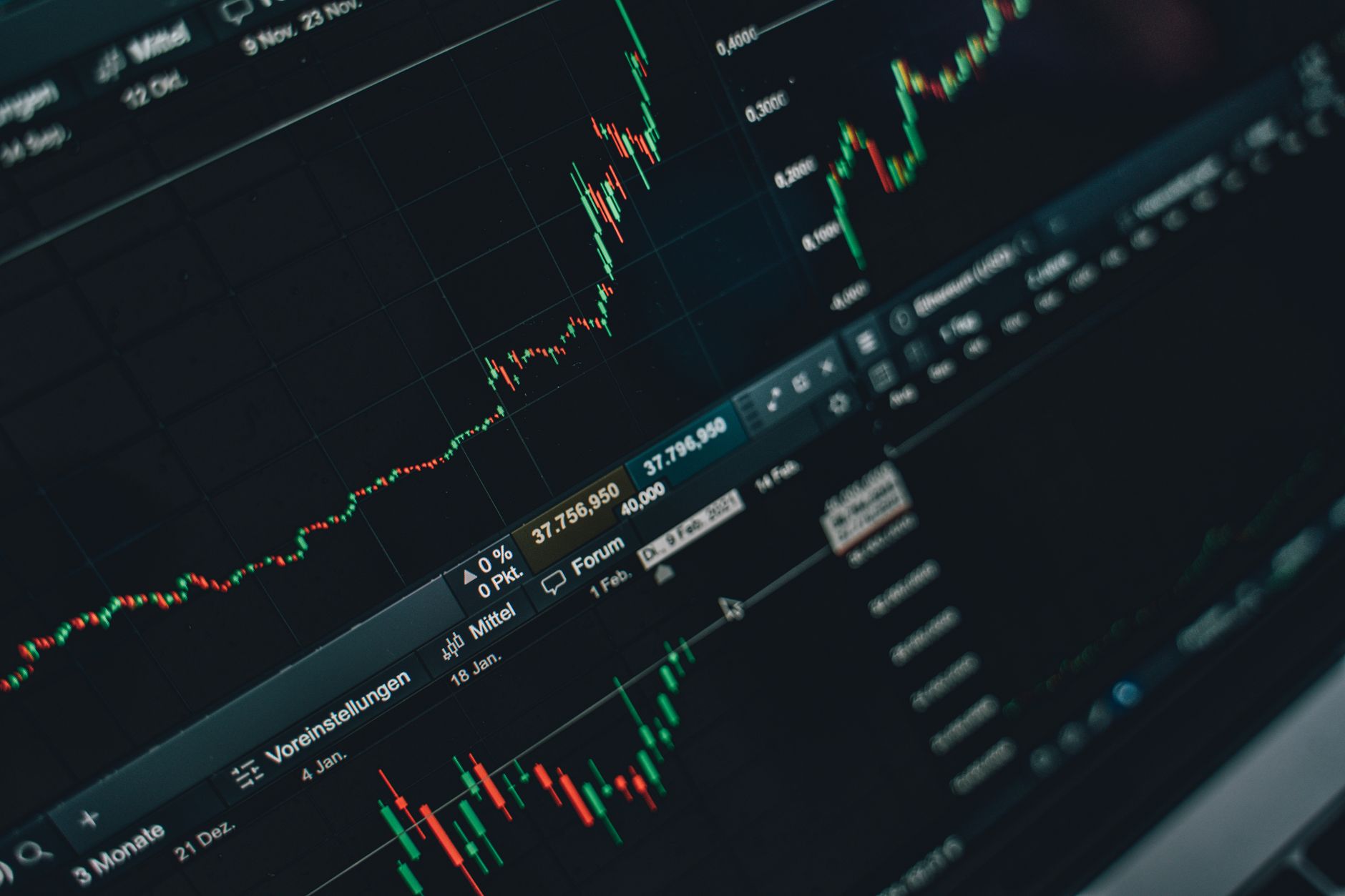 Angled view of a monitor showing dark financial charts with green and red candlesticks and price figures in a trading application.
